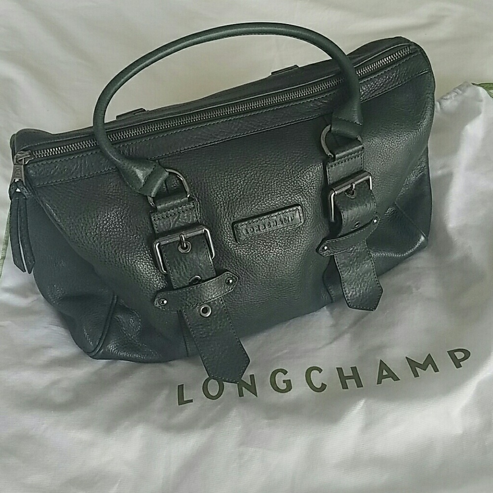 EUC Longchamp green olive forest hunter leather vintage buckle top handle purse